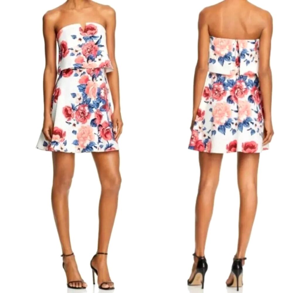 AQUA Women's Large Floral Strapless Mini Fit & Flare Dress Sweetheart Neck